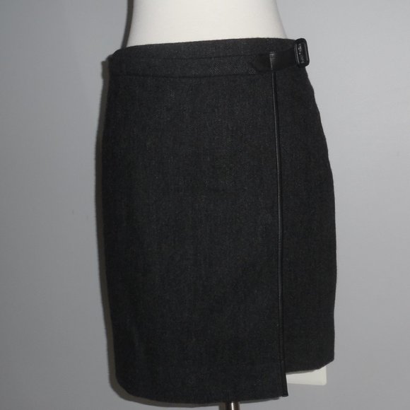 Ralph Laurent Blue Label Gray Wrap Chevron Wool Real Leather Trim Skirt 4 - Picture 2 of 13